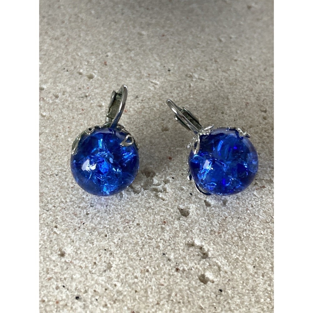 Cobalt Blue Glass Orb Earrings Silver Tone Dangle Filagree Dark Romantic Clip On